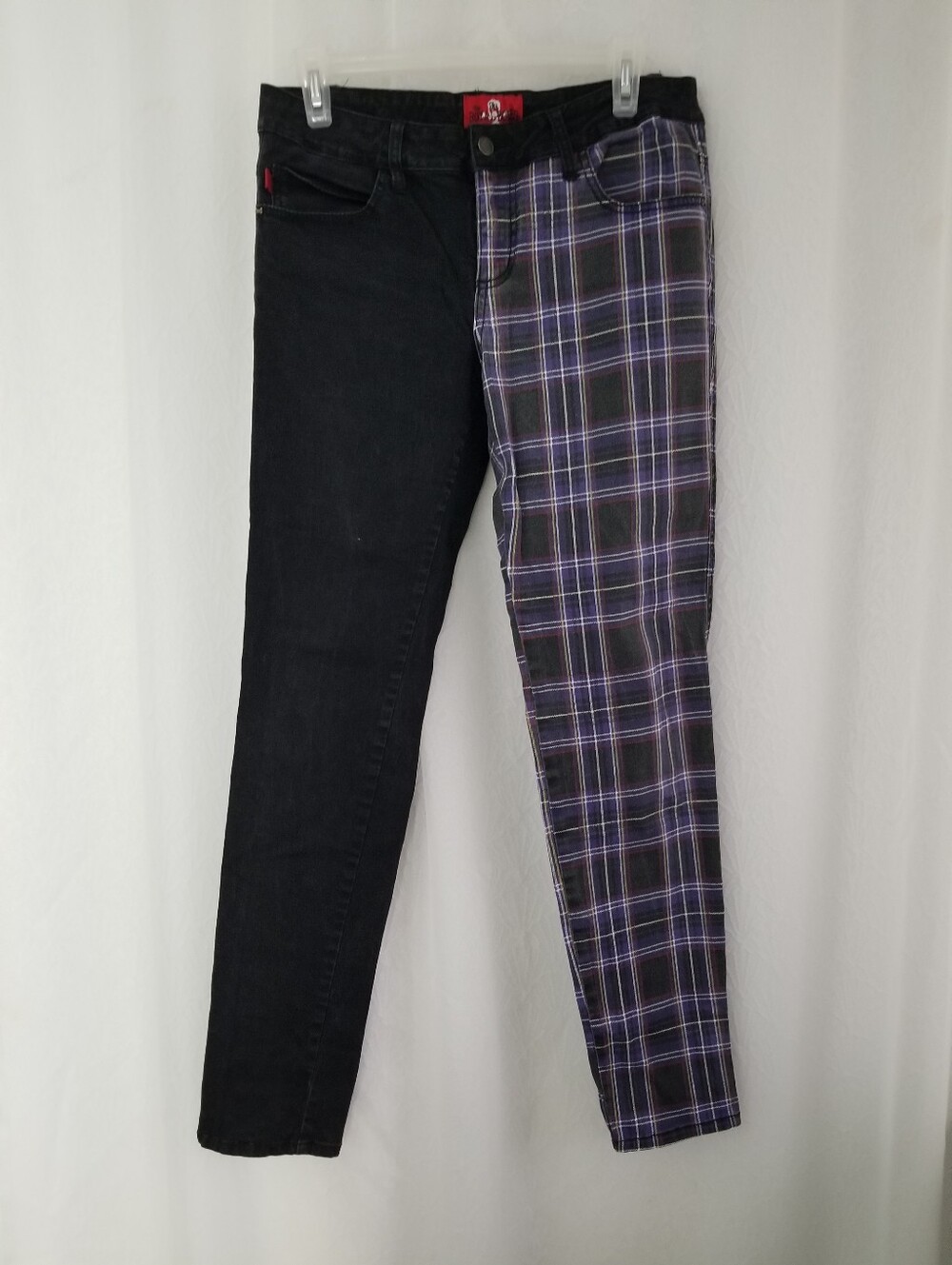 * Royal Bones Daang Low Rise Split Black Plaid Skinny Jeans Stretch Punk Size 11